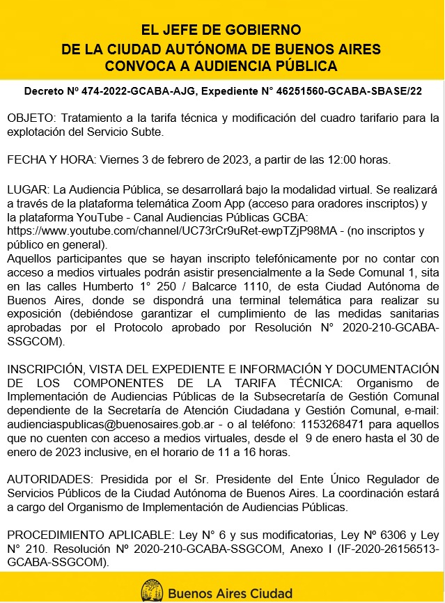 Audiencia publica del 3 de febrero de 2023 tratamiento tarifa del subte