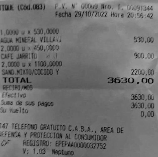 ticket de La Biela