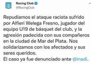 Repudio de Racing por ataque a joven basquetbolista